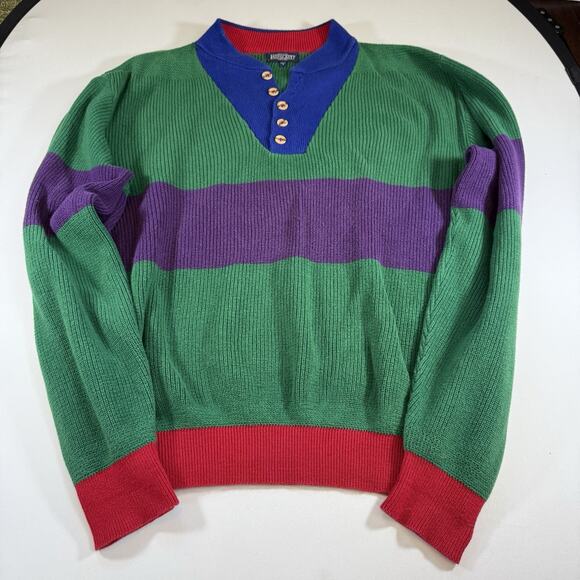 Lands' End Other - Lands End Vtg 90s Button Henley Cotton Sweater Color Block Made USA Mens L